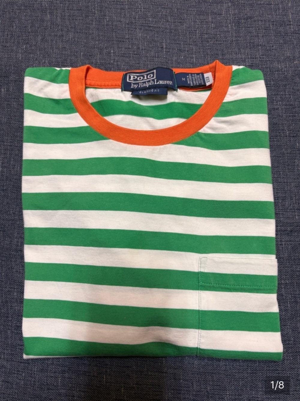 POLO BY RALPH LAUREN GREEN&WHITE STRIPED TEE WITH ORANGE NECK SIZE : M NWOT
